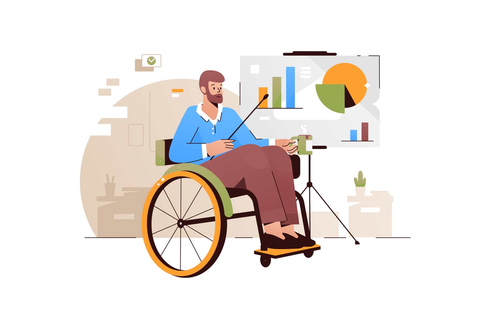 Male on wheelchair presenting infographics with chart and diagram vector illustration. Disabled man reading lecture or taking part in conference