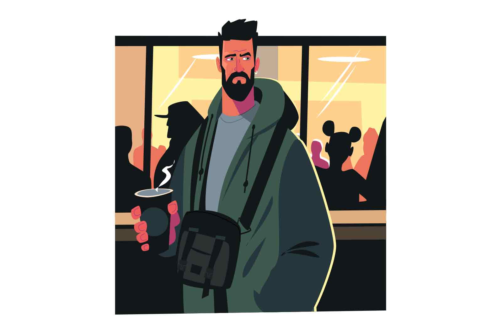 Bearded man holding papercup of coffee in cafe vector illustration. Fashion and pause for relaxation concept