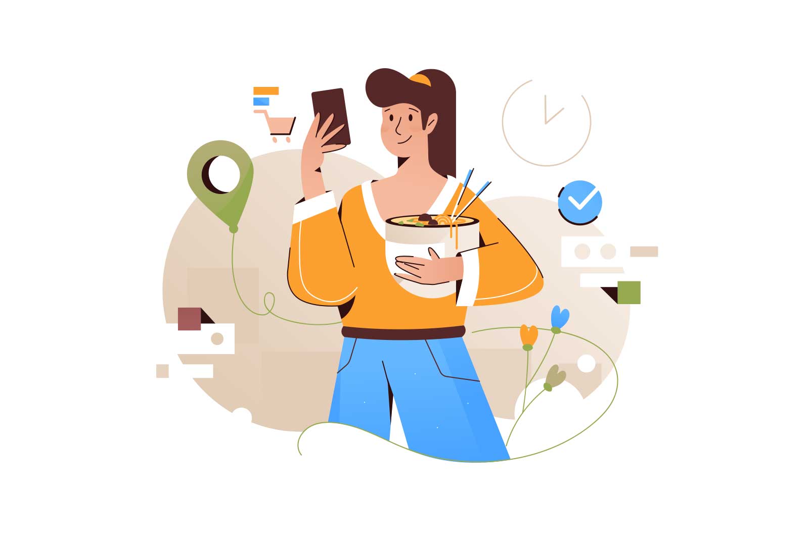 Woman making order food using app on smartphone vector illustration. Online food delivery concept. Girl holding huge bowl with ramen noodles flat style concept