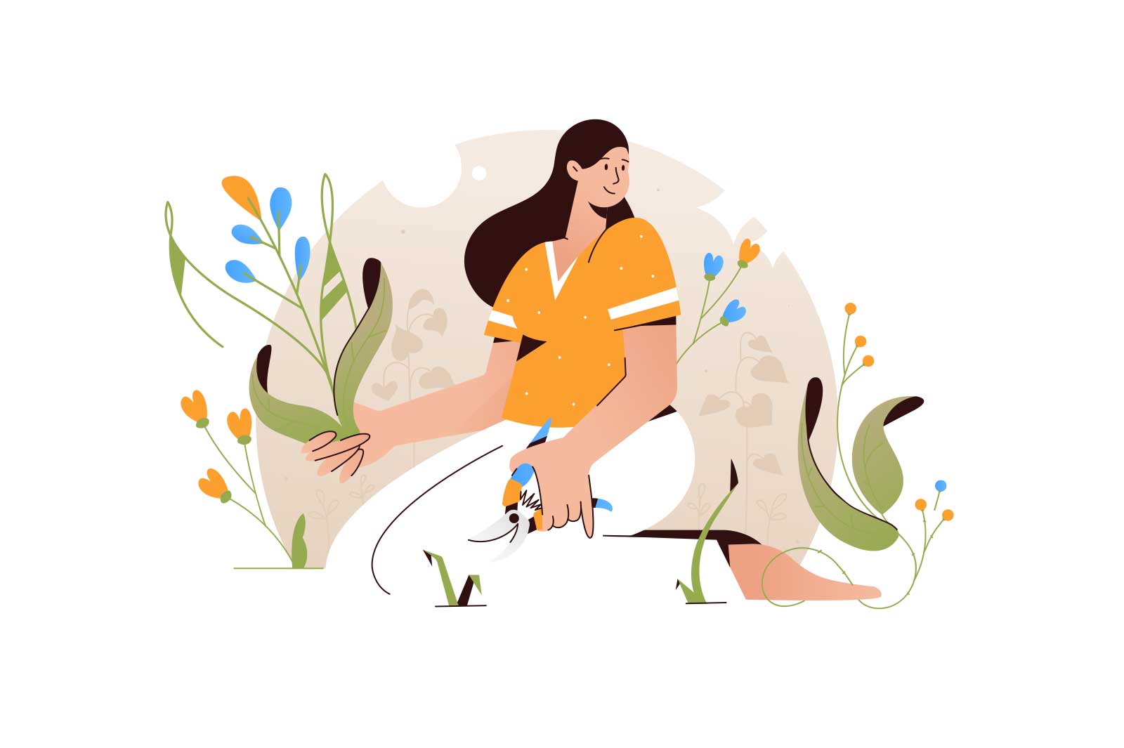 Woman gardener working in garden vector illustration. Girl taking care of her plants flat style concept. Gardening idea