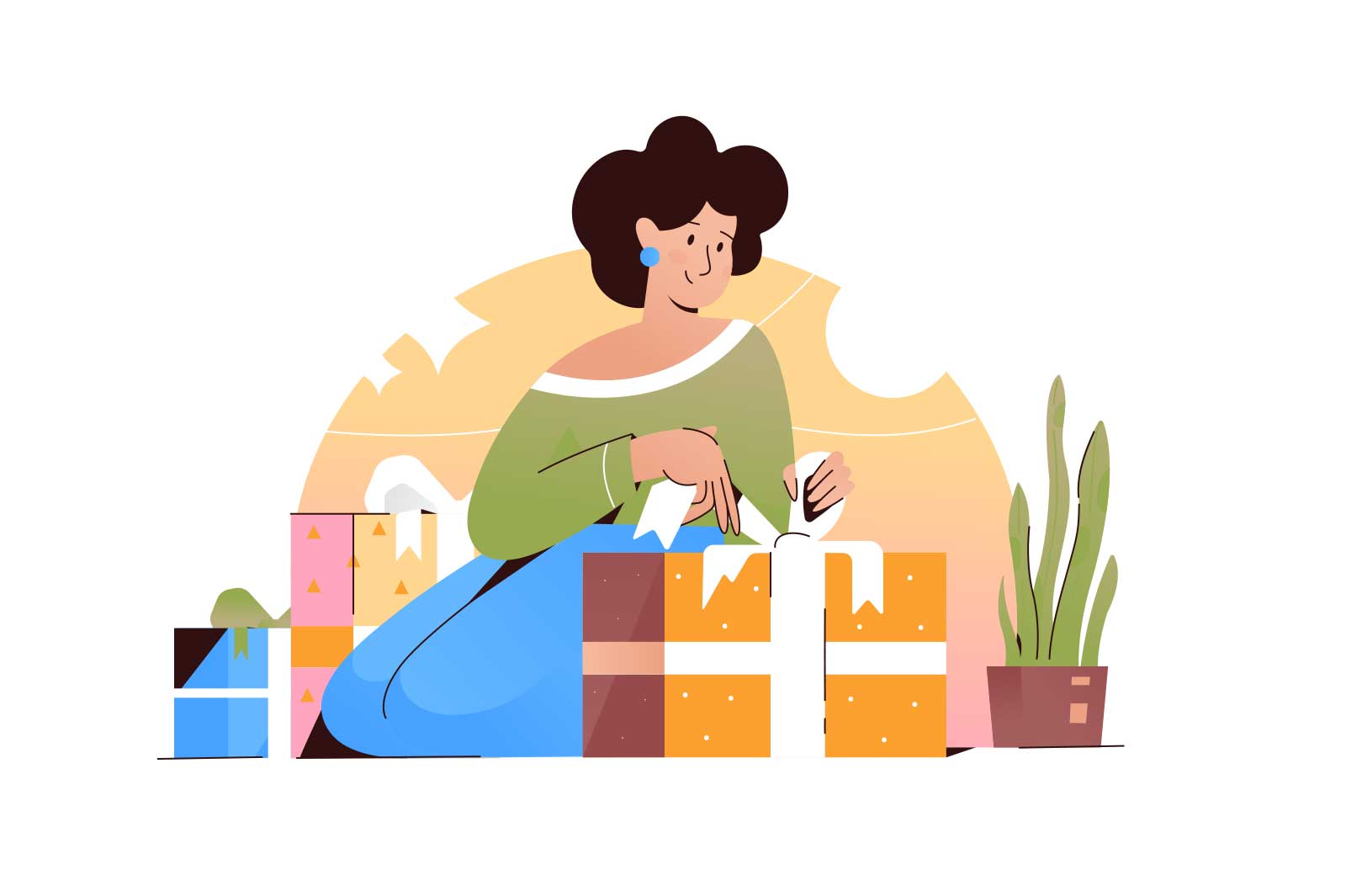 Smiling woman opening gift box vector illustration. Birthday present or holiday greetings and surprise party flat style concept