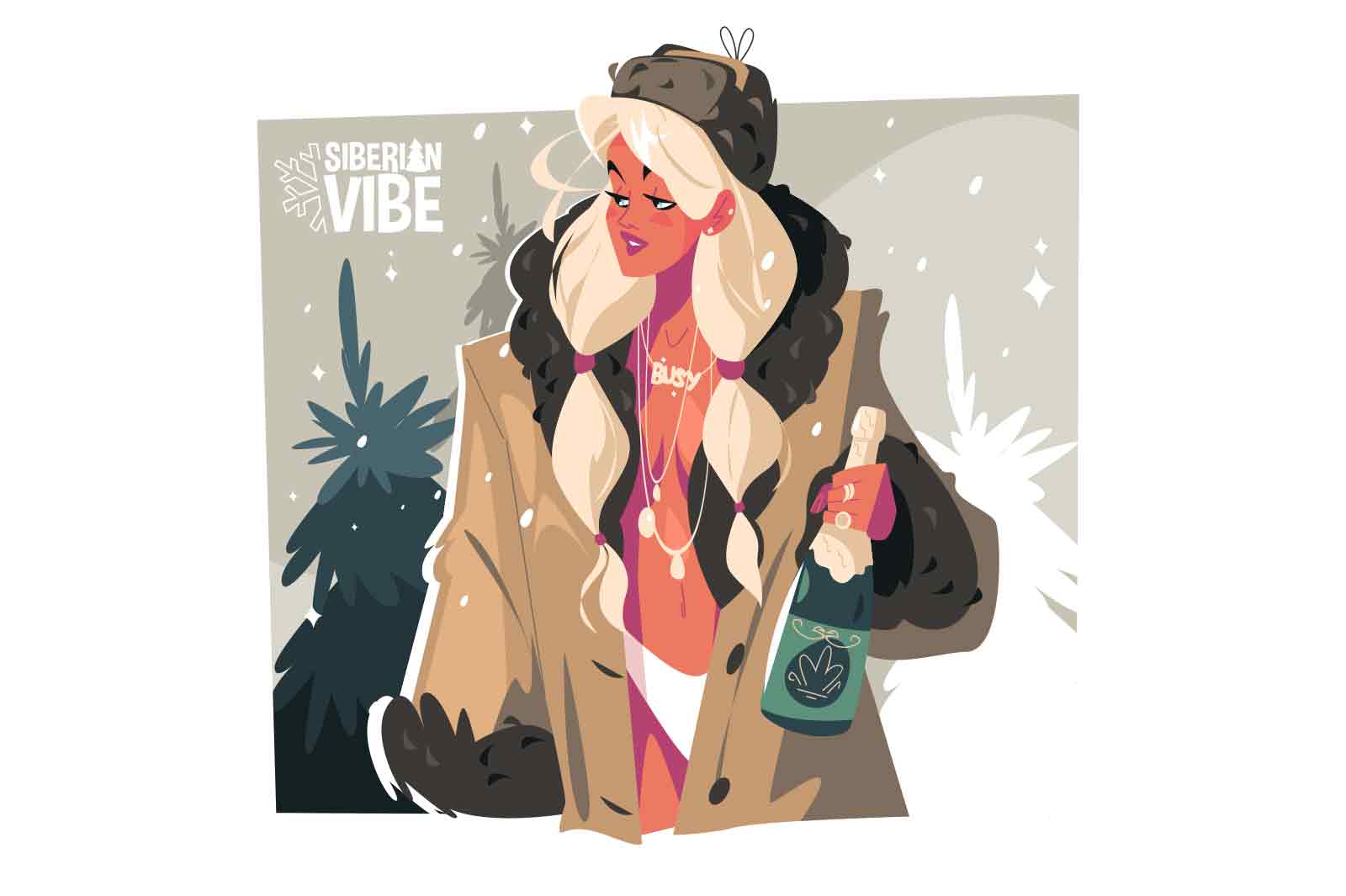 Girl in swimsuit and fur coat holding bottle of wine vector illustration. Winter and siberian vibe concept
