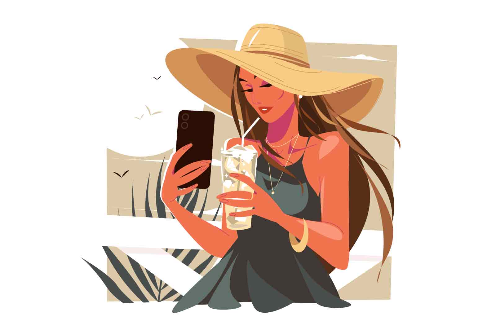 Girl in stylish hat taking selfie with cocktail vector illustration. Summer holidays and party time flat style concept