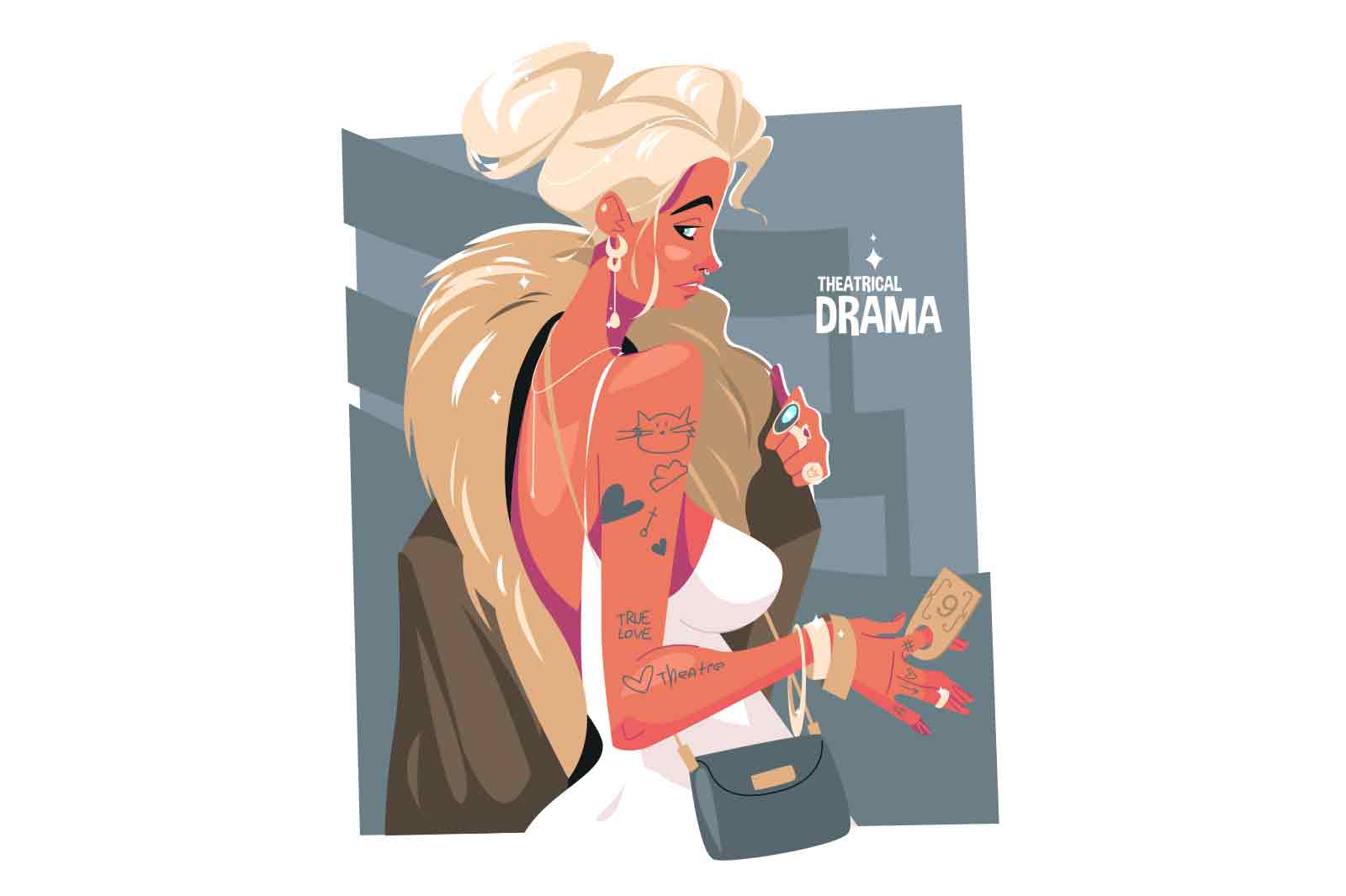 Cute woman in theatre vector illustration. Stylish girl in fashionable dress holding fur coat. Theatrical drama and entertainment flat style concept