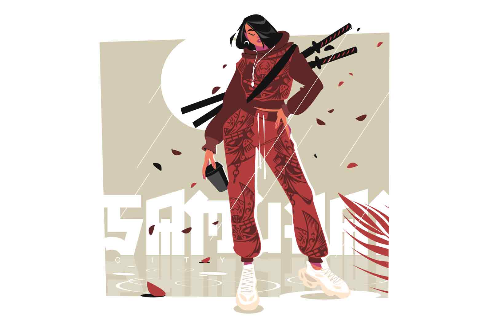 Woman in sportsuit with swords holding cup of coffee vector illustration. Samurai, katana and martial arts flat style concept