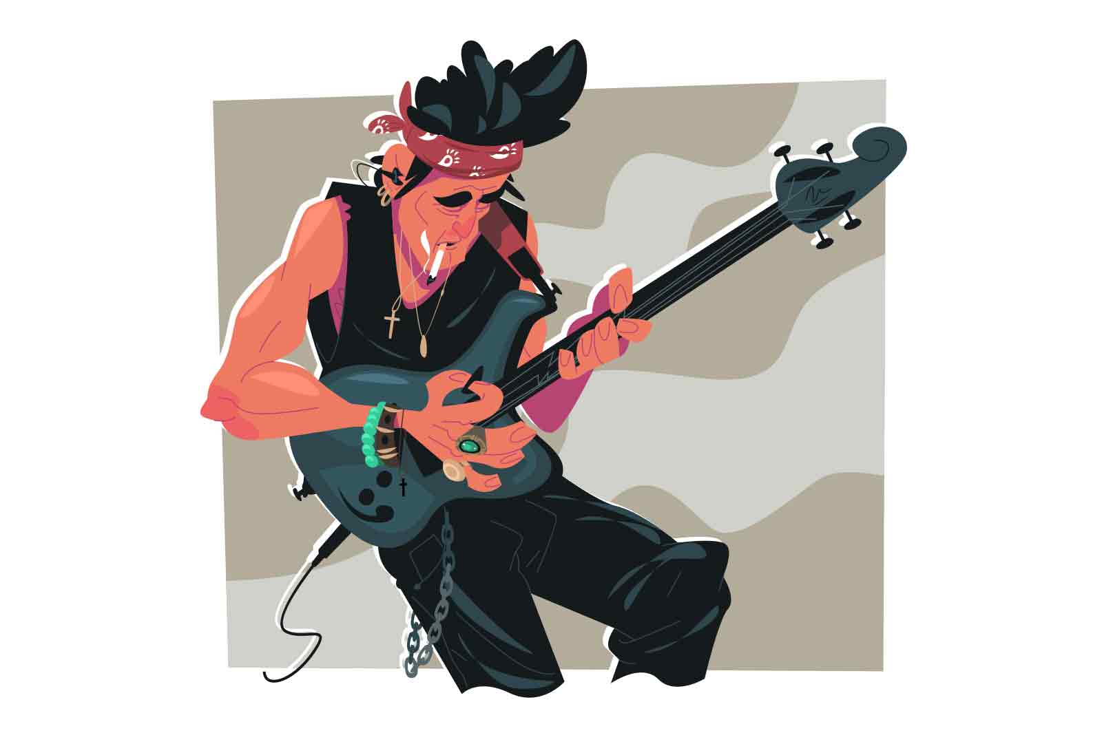 Musician with electric concert guitar vector illustration. Performing at rock music festival flat style concept