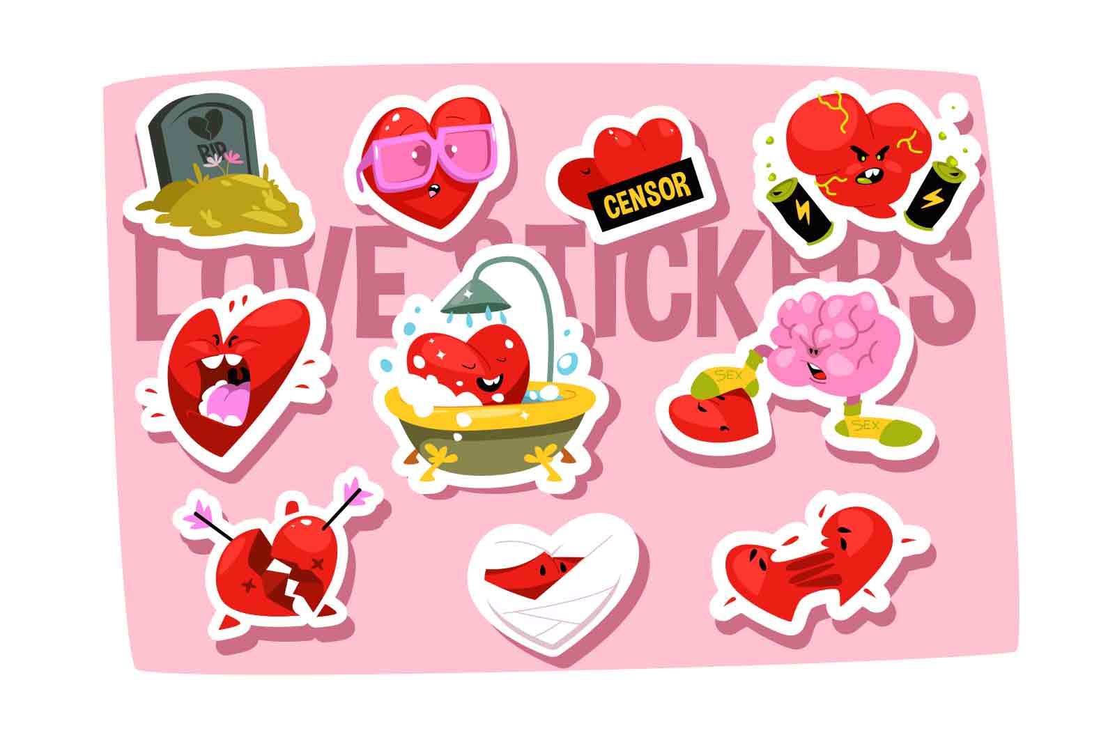 Funny cartoon heart character emotions stickers set vector illustration. Cute heart showing different emotions flat style concept
