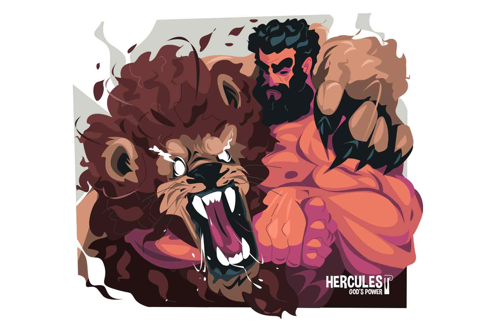Hercules fights with lion character vector illustration. Intense fight scene, Hercules squeeze neck of rageous lion.