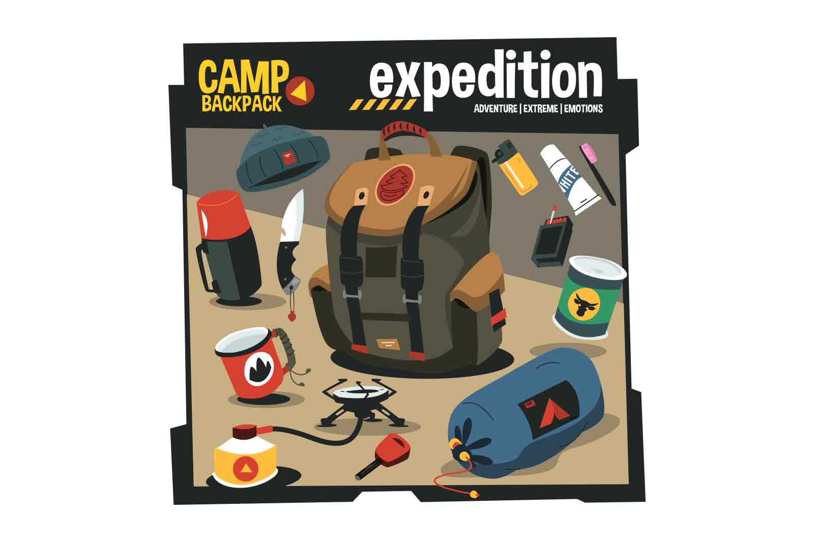 Hiking backpack and camping items set vector illustration. Tourists knapsack flat style concept. Adventure, extreme and expedition concept