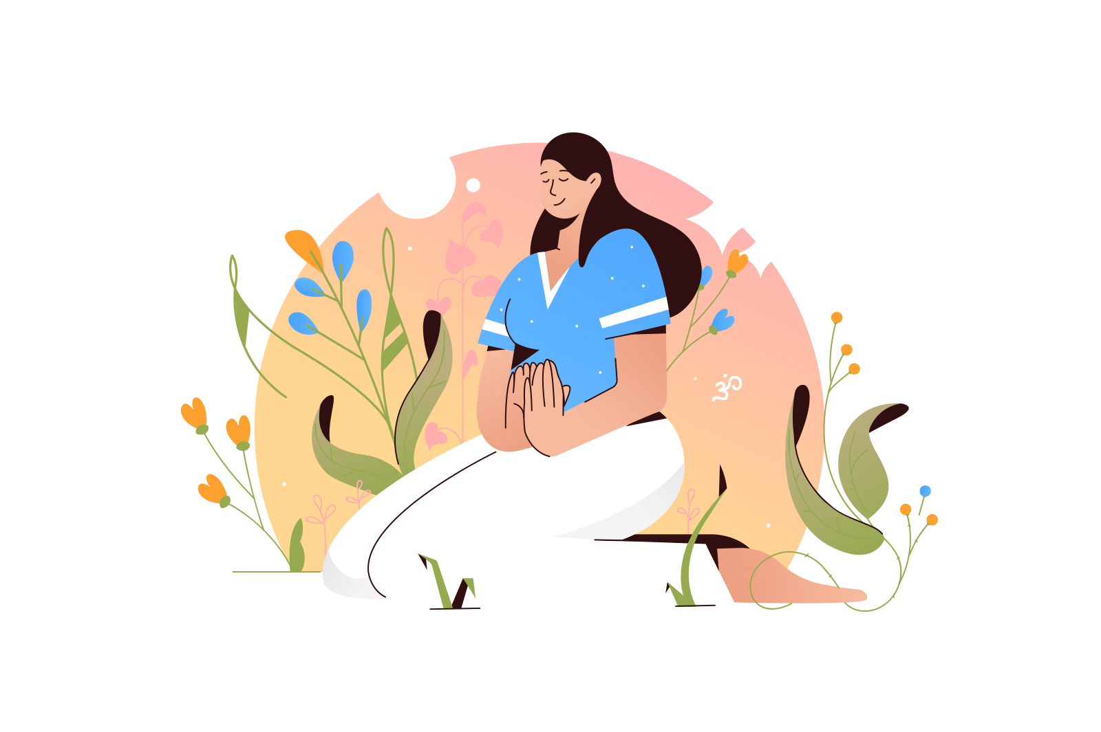 Woman with closed eyes meditating in yoga posture vector illustration. Female and performing meditation practice flat style concept