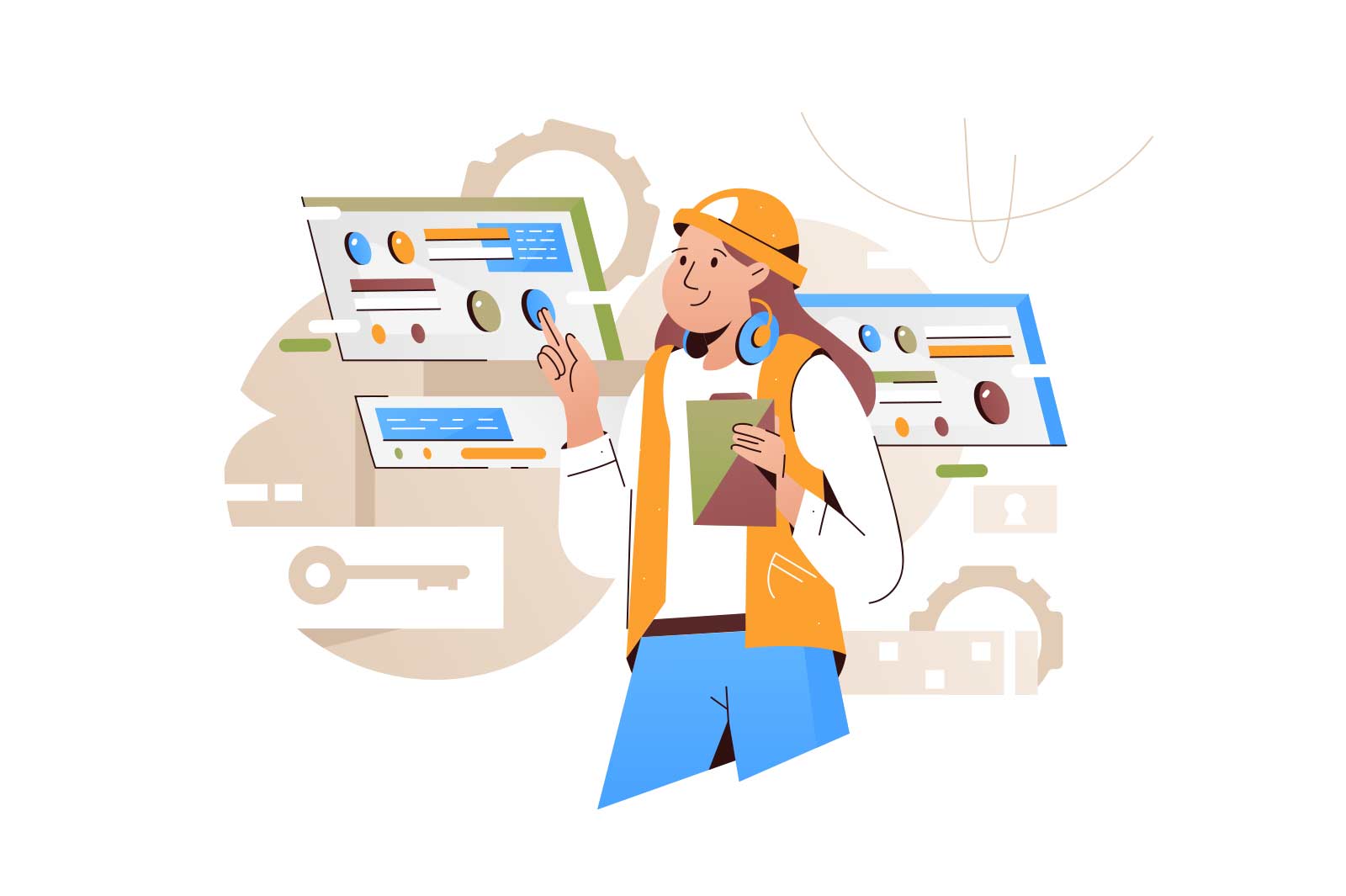 Customer service, hotline operator advises client vector illustration. Customer service, online global technical support 24/7, customer and operator