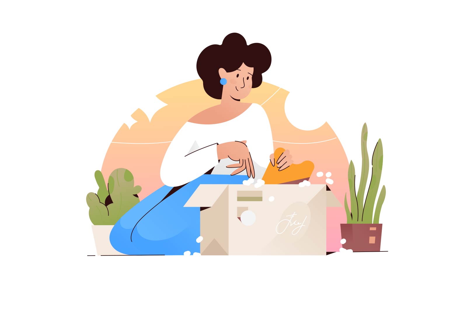 Woman open cardboard box or parcel vector illustration. Female receiving parcel box. Delivery, shipping and postal service flat style concept