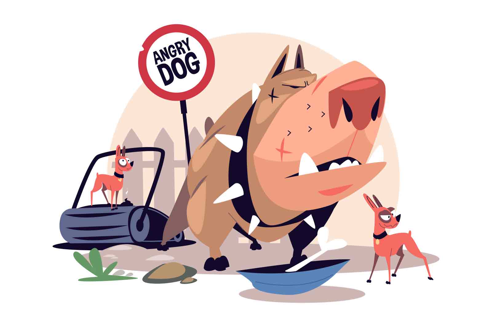 Angry pitbull dog in collar with spikes vector illustration. Angry dog sign. Fighting dogs flat style concept