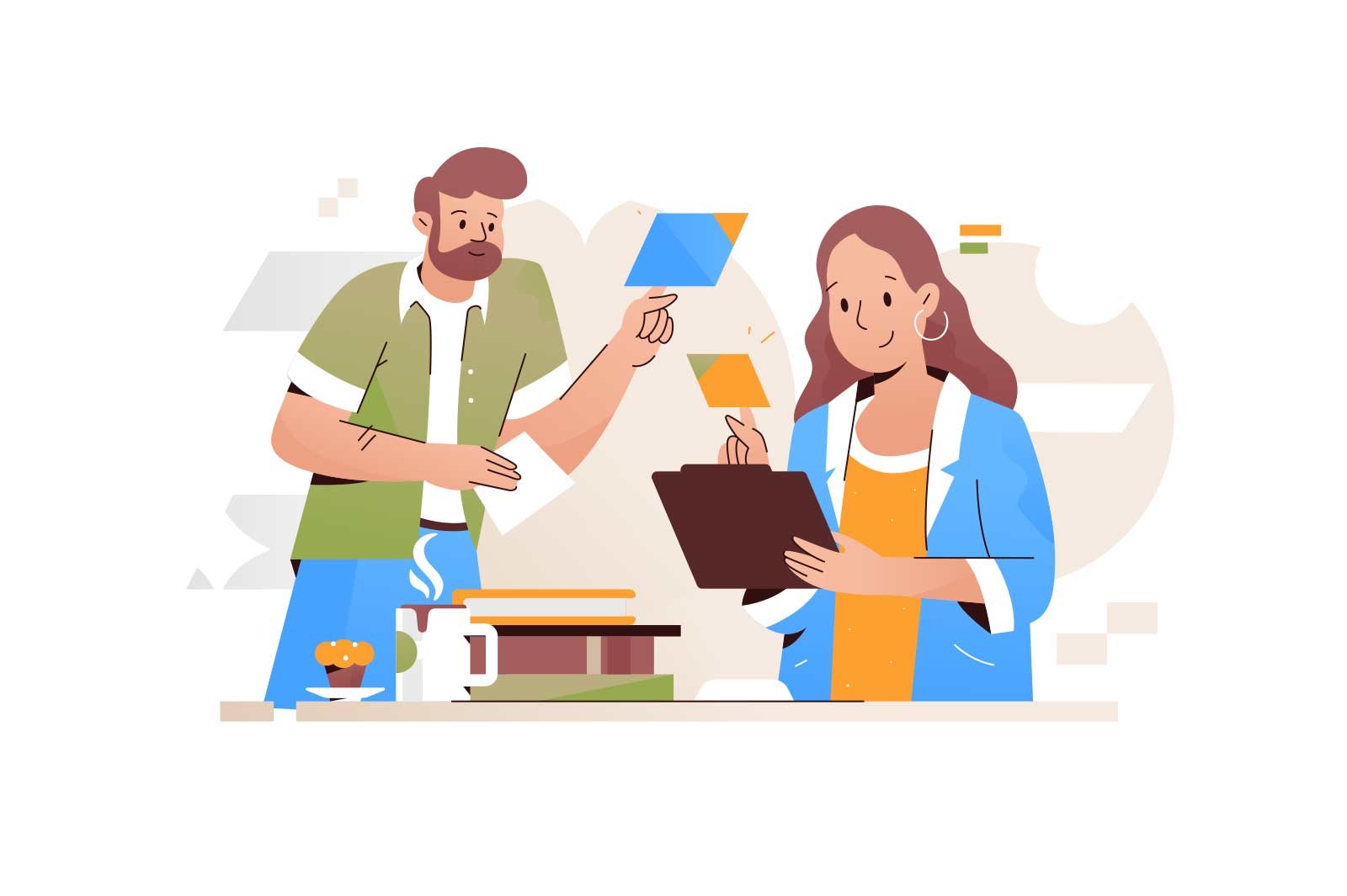 Man and woman discuss work tasks, strategic planning vector illustration. Targeting, business development and startup launch flat style concept