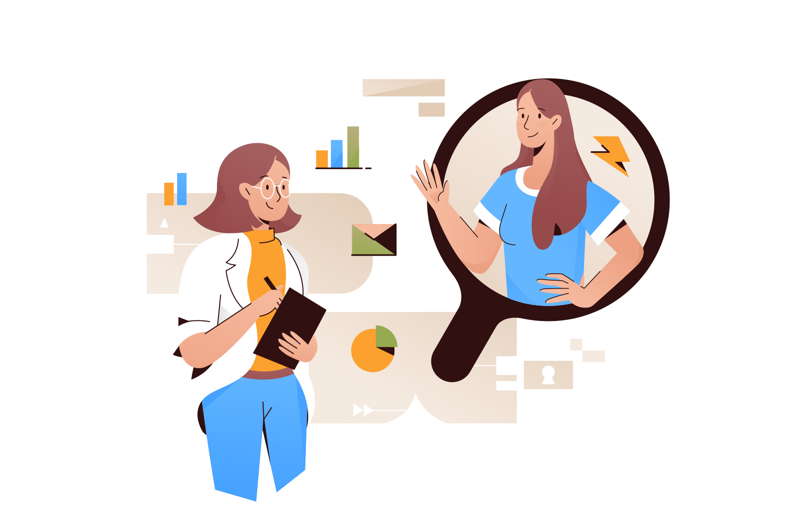 Woman searching for people, hiring concept vector illustration. Find query in web browser set. SEO flat style concept