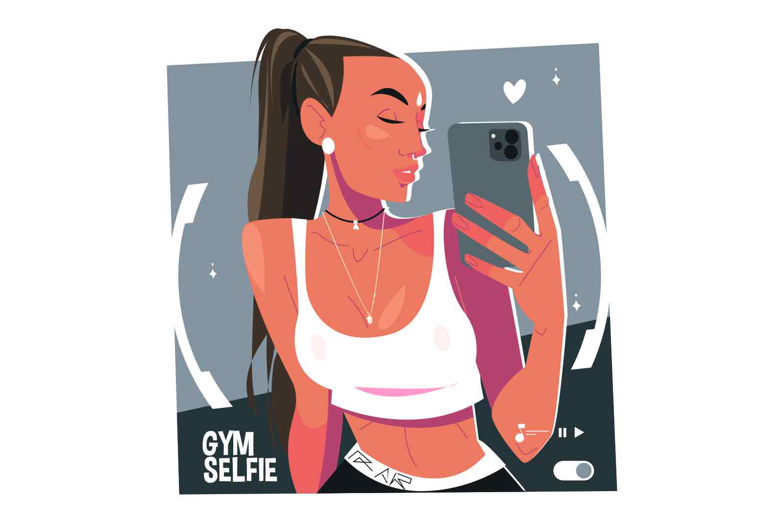 Brunette woman taking selfie in gym vector illustration. Girl fitness trainer. Workout, sport training and sport lifestyle flat style concept