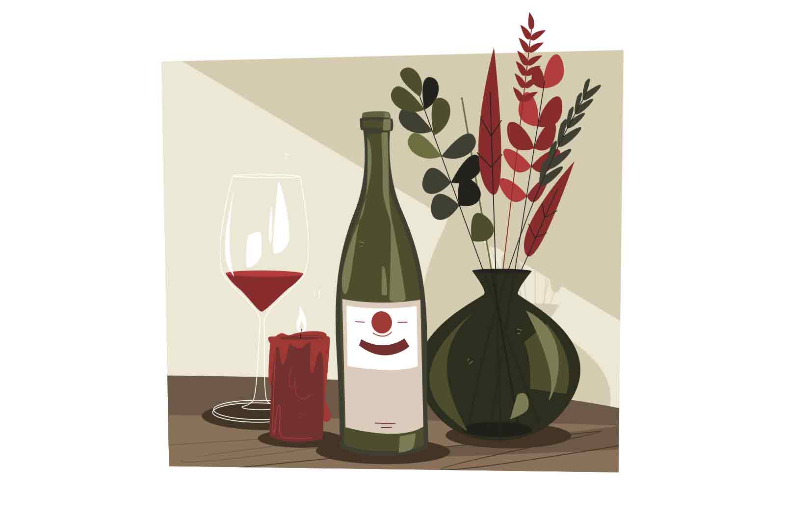 Romantic wine set vector illustration. Bottle of red wine, wineglass, candle and vase with flowers flat style concept