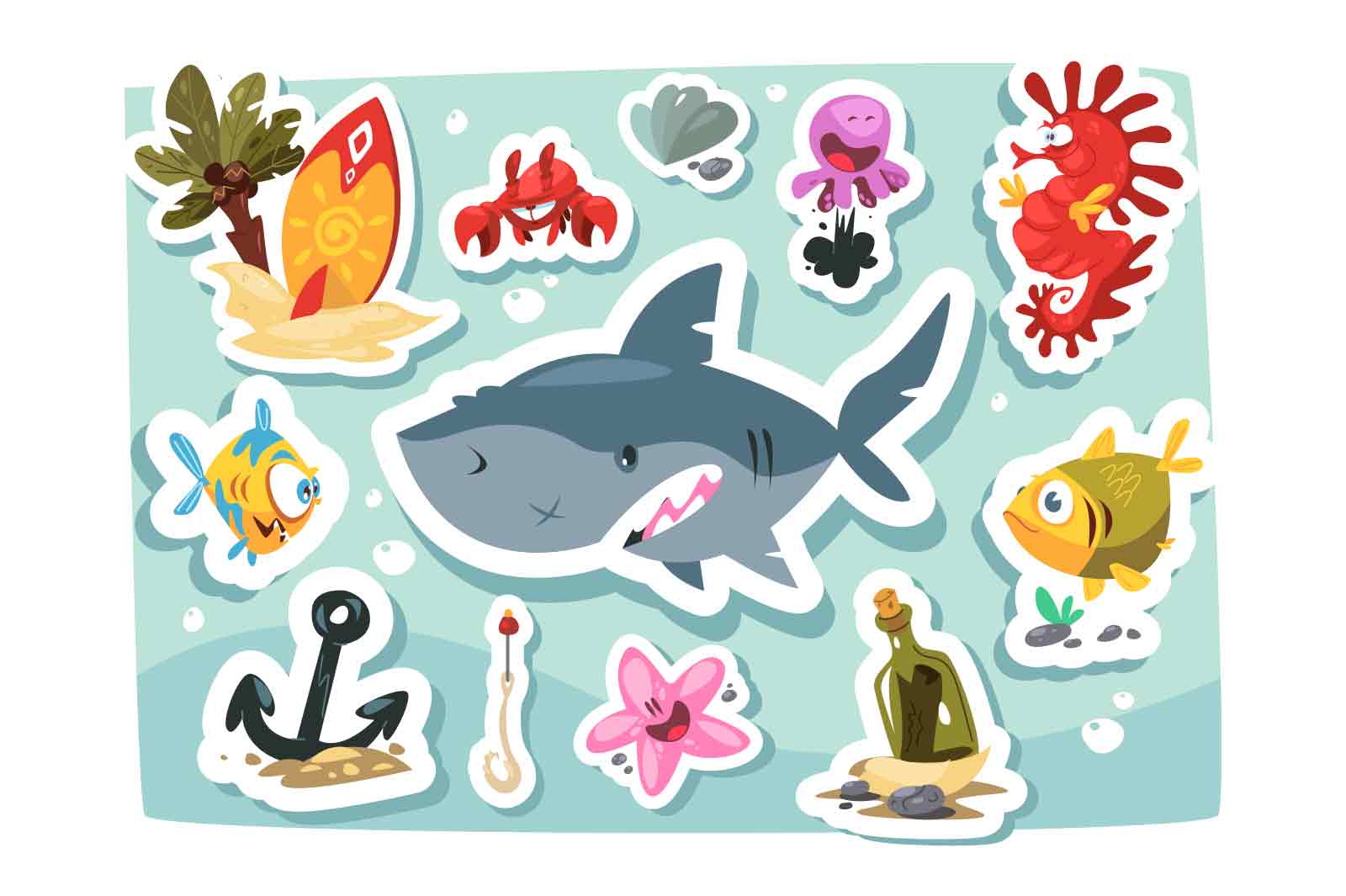 Underwater animals stickers set vector illustration. Cute sea animals shark, fishes, crab, octopus, sea horse, anchor and bottle with letter