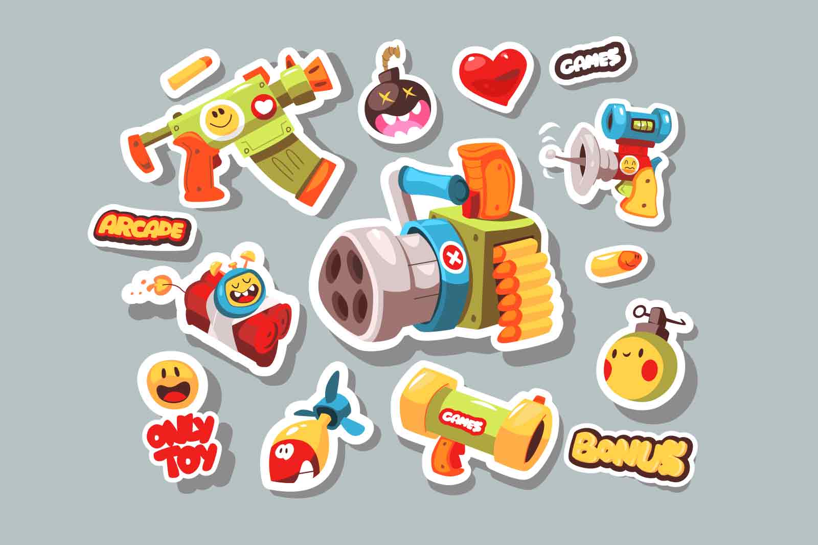 Weapons for games stickers set vector illustration. Guns, explosives, bombs and smiles flat style concept