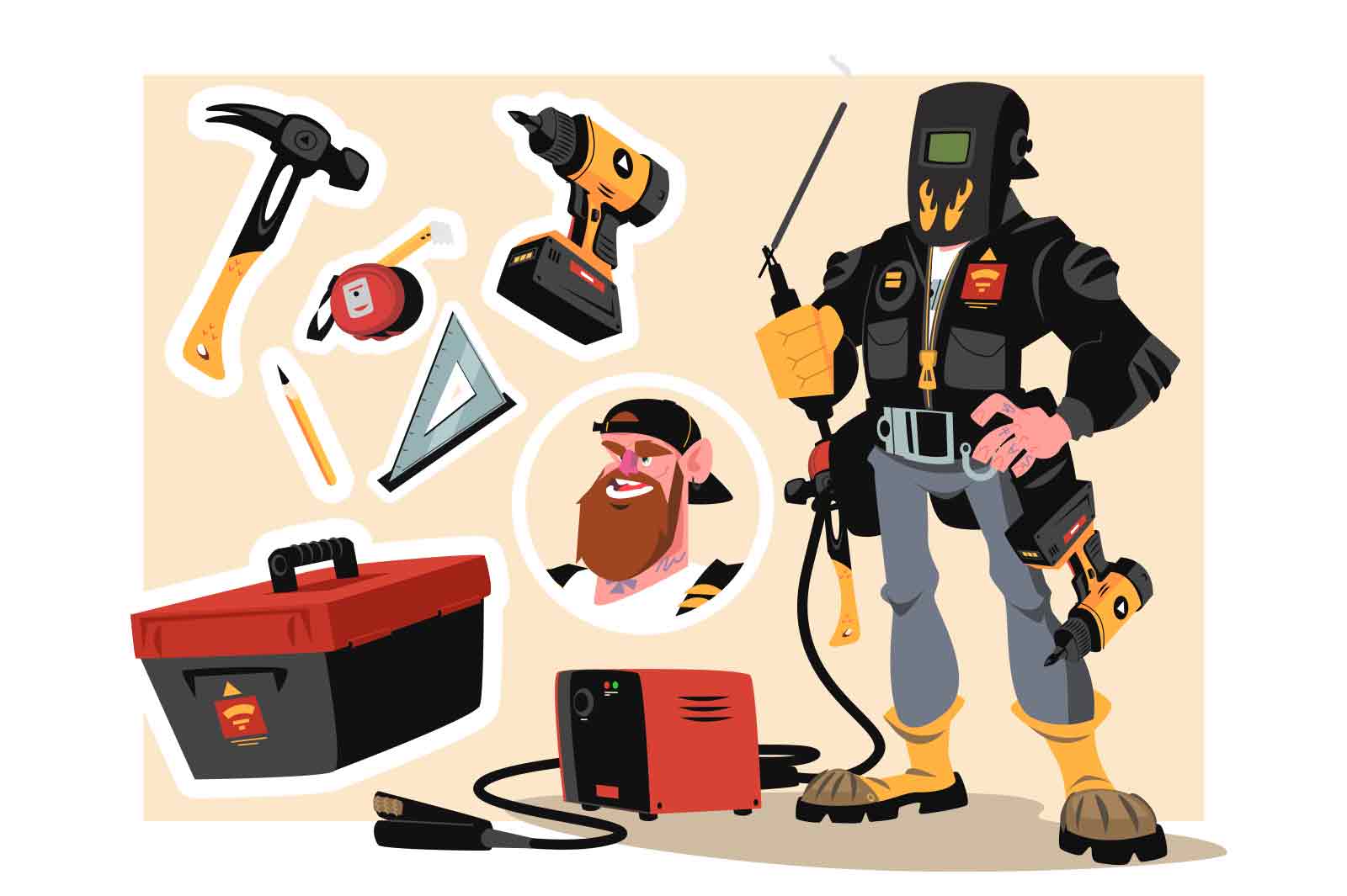 Man welder in welding mask with tools and equipment vector illustration. Home renovation and weld service flat style concept