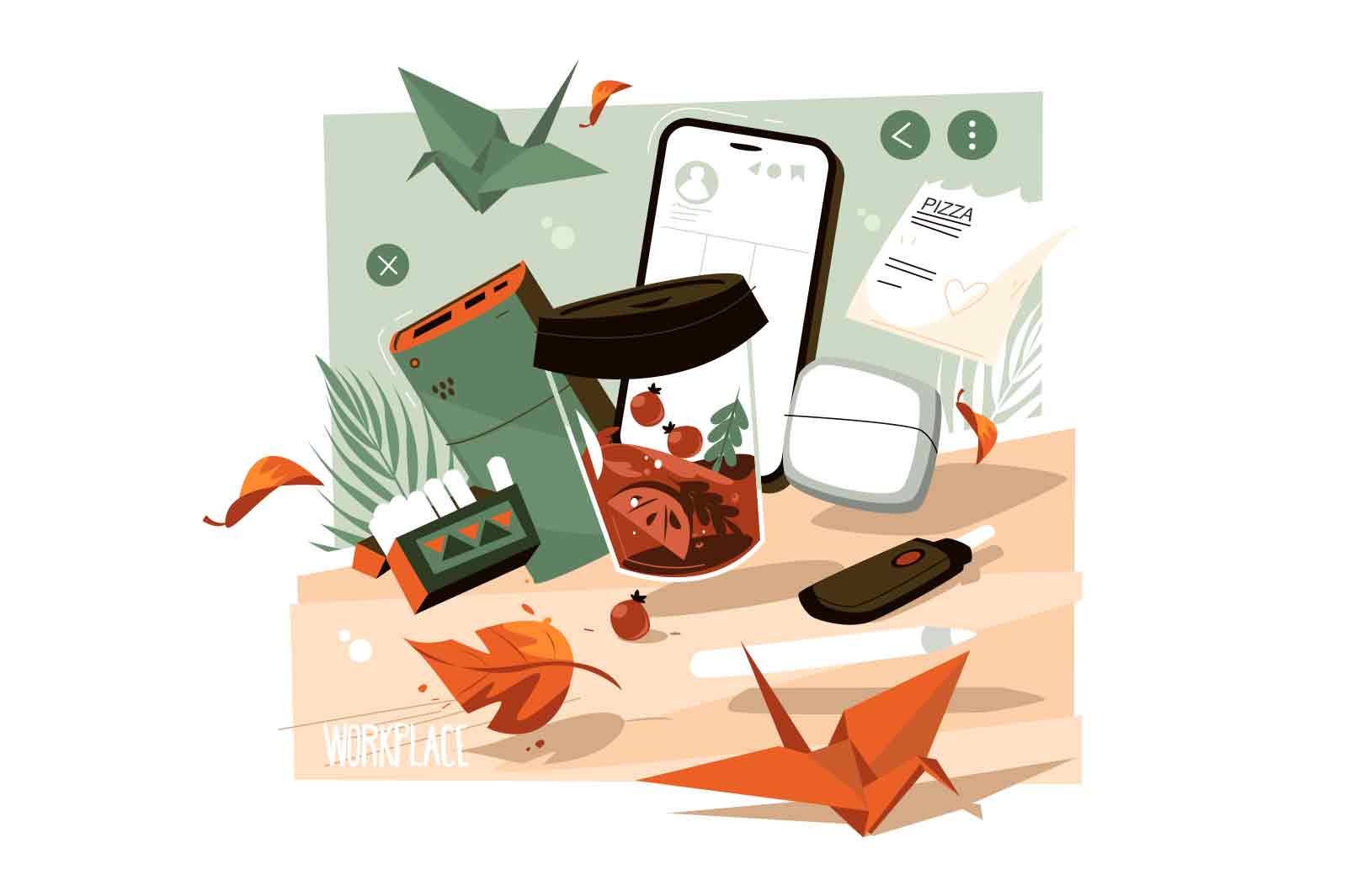 Workplace with different devices and tools vector illustration. Smartphone, cigarettes, cup of tea, earphones. Workspace flat concept