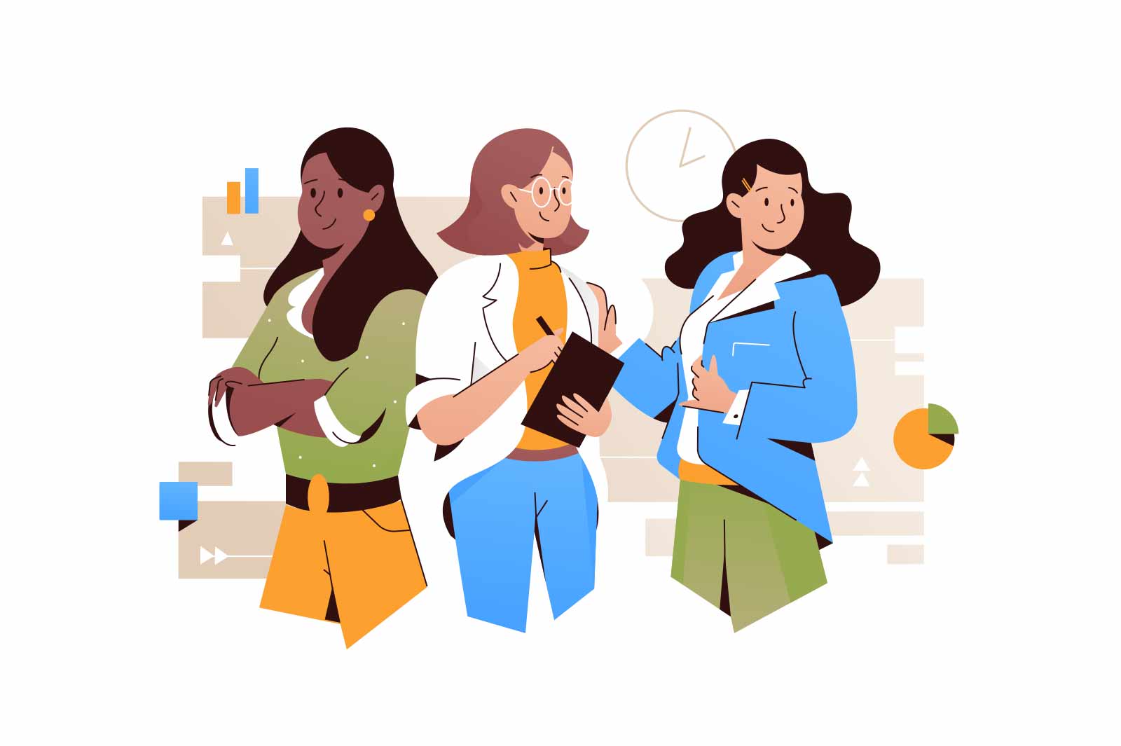 Team of friends, women friends or coworkers vector illustration. Girls standing, giving five and posing together. Teamwork and friendship