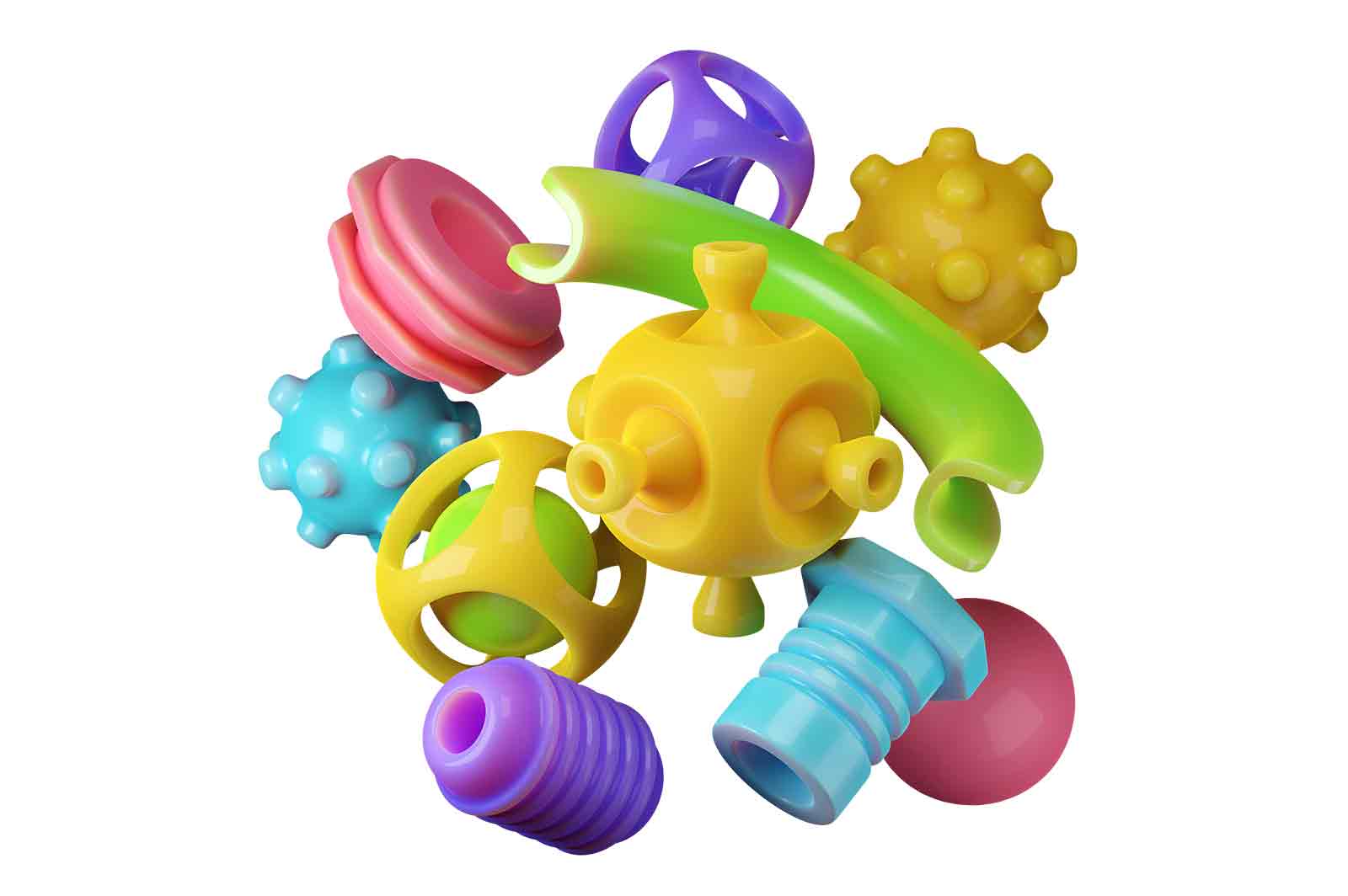 Abstract composition of colourful plastic details of different shapes 3d rendered illustration. Round shaped, gears pipes details. Components of mechanism concept