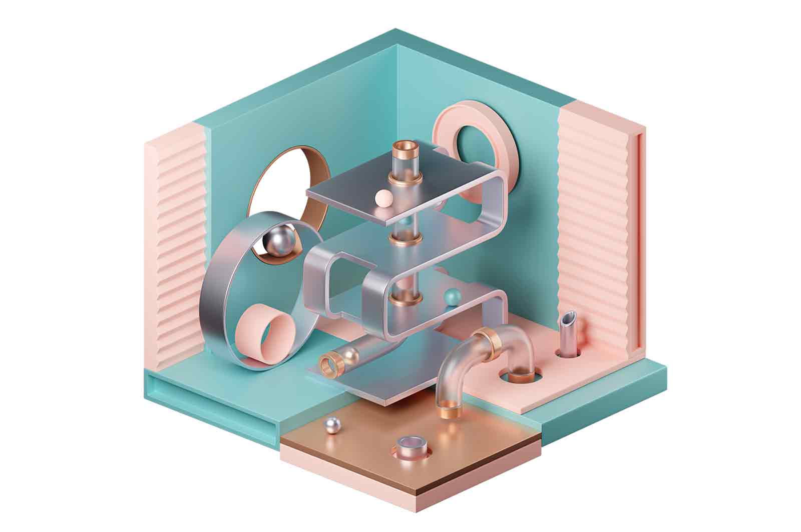 Abstract composition of details in pastel colors 3d rendered illustration. Ceramic, metal and plastic details. Components of single mechanism concept