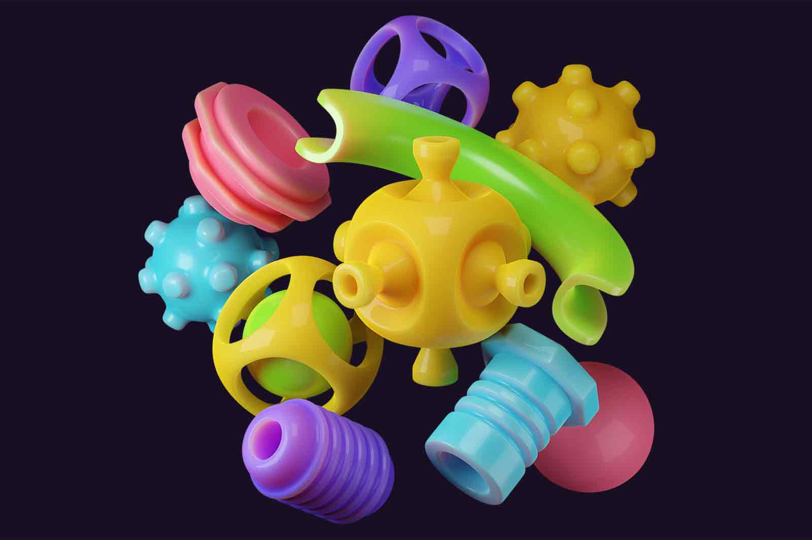Abstract composition of colourful plastic details of different shapes 3d rendered illustration. Round shaped, gears pipes details. Components of mechanism concept