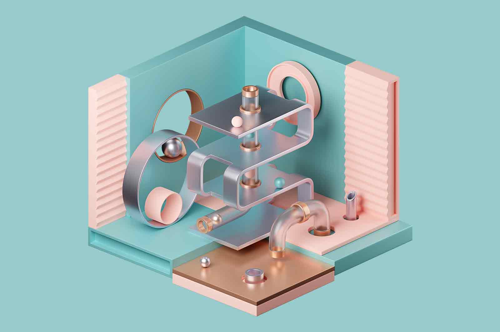 Abstract composition of details in pastel colors 3d rendered illustration. Ceramic, metal and plastic details. Components of single mechanism concept