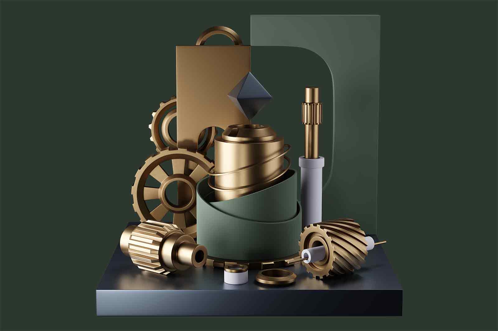 Abstract composition of wheels, gears and rings details on dark stand 3d rendered illustration. Ceramic and metal components of mechanism concept