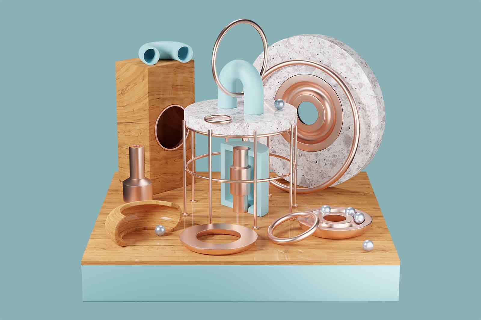 Abstract composition of details on wooden stand 3d rendered illustration. Ceramic, metal, wooden and plastic components of single mechanism concept