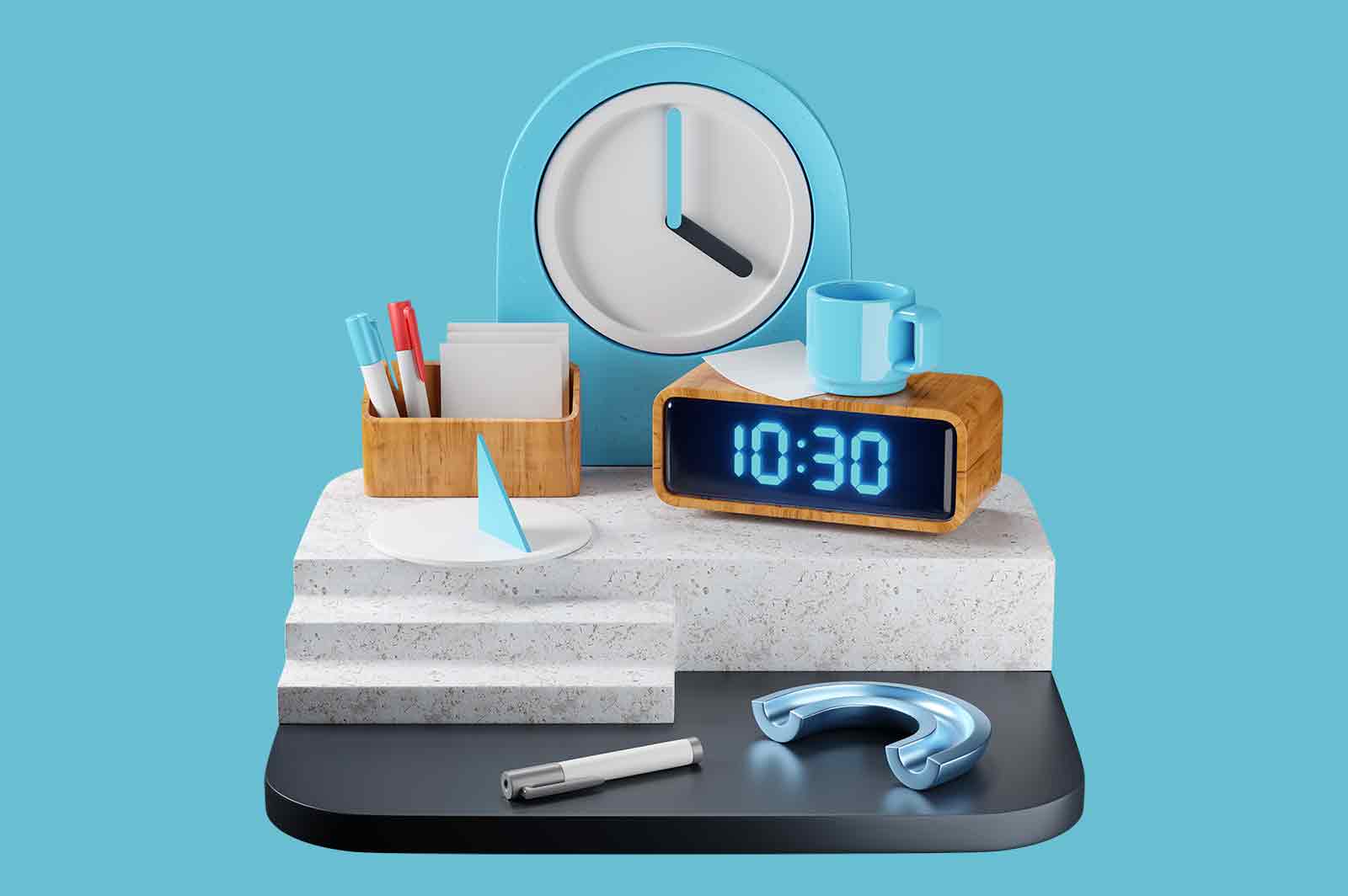 Abstract composition of office details on black stand 3d rendered illustration. Clocks and office supplies on ceramic stand with stairs. Components of single mechanism concept