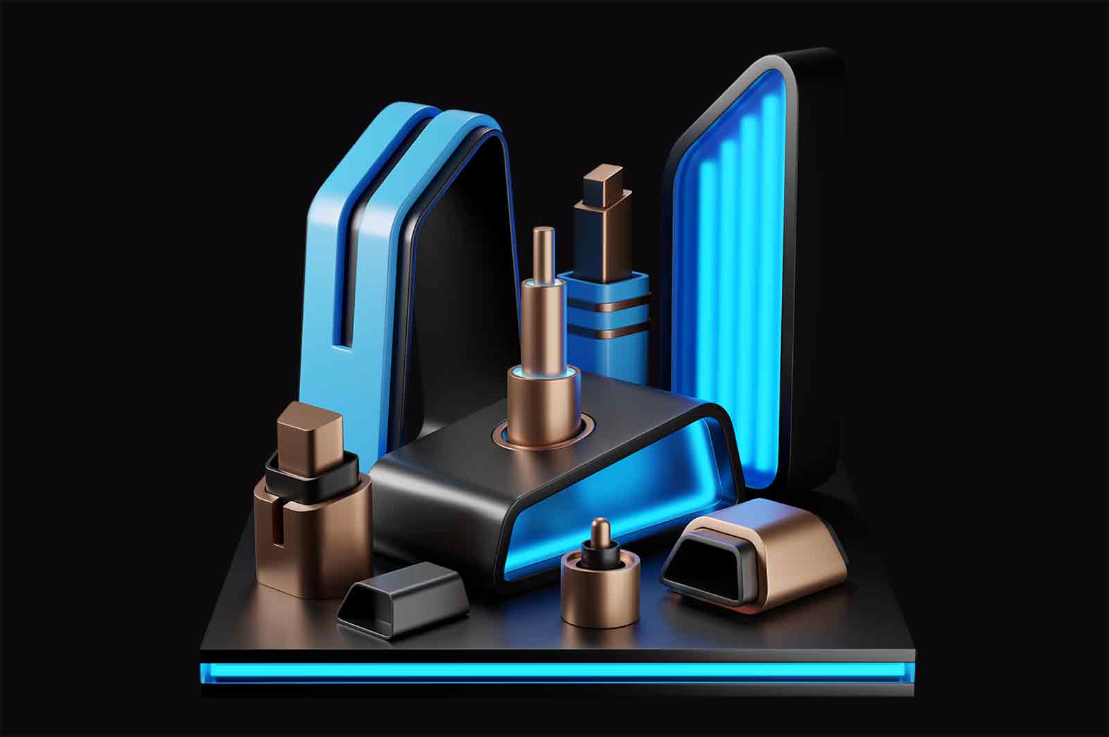 Abstract composition of backlit details on black stand 3d rendered illustration. Metal and plastic and glass components of single mechanism concept