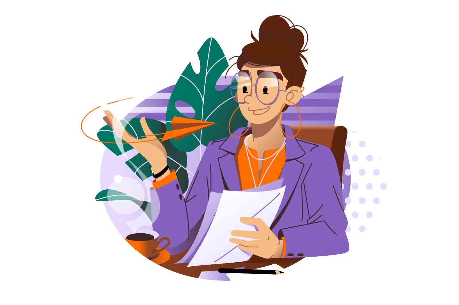 Character woman talking to somebody sitting in office and holding documents vector illustration.