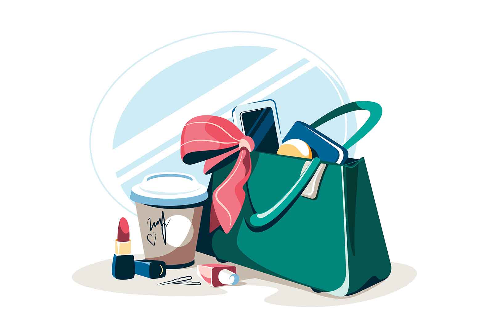 Female handbag with cosmetics, notepad and smartphone vector illustration. Female accessory with beauty products and must have attributes