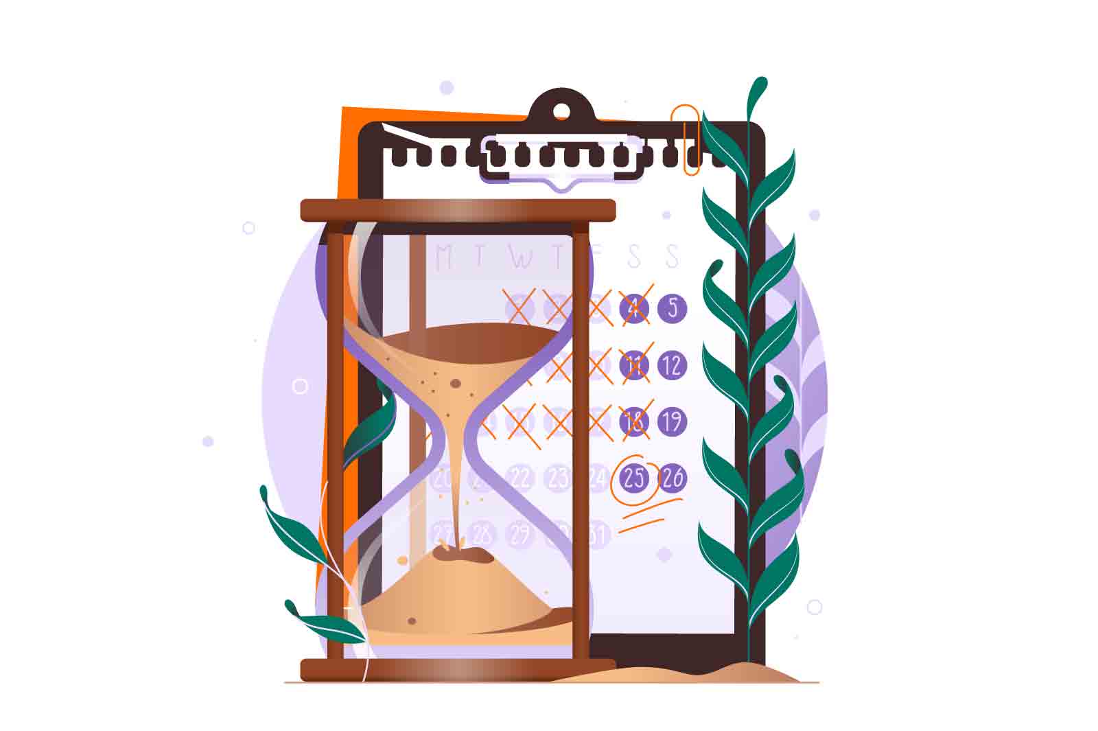 Big hourglass with calendar vector illustration. Effective time control, tracking and monitoring, task management or work planning and productivity flat style concept