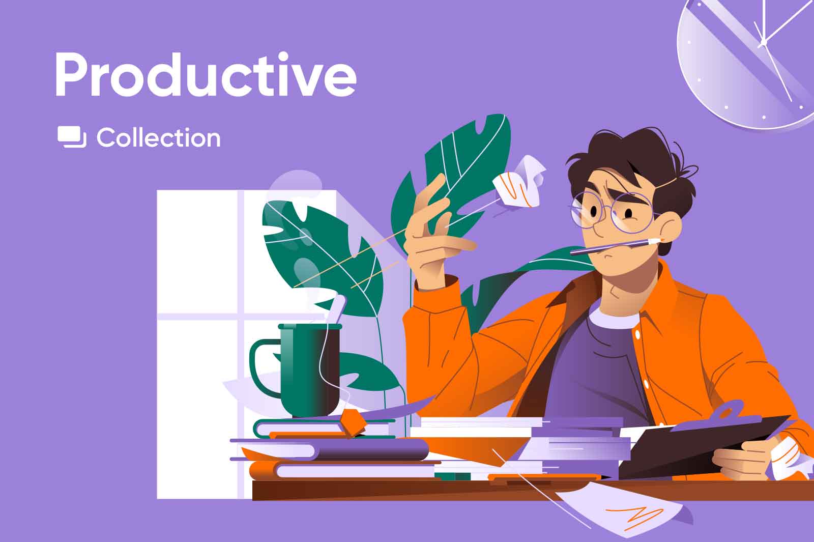 A set of illustrations about working efficiently and productively, streamline tasks, a well-organized workspace, and a balance of focus and breaks. The illustrations convey a sense of purpose and motivation.