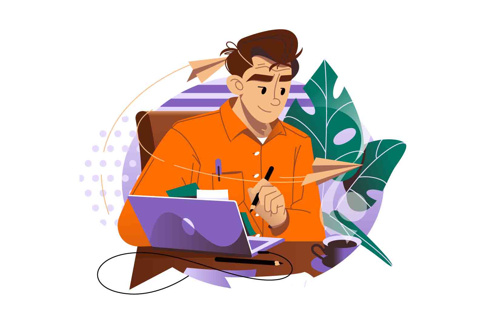 Character man working on project at a desk in office vector illustration. Focused wor process concept.