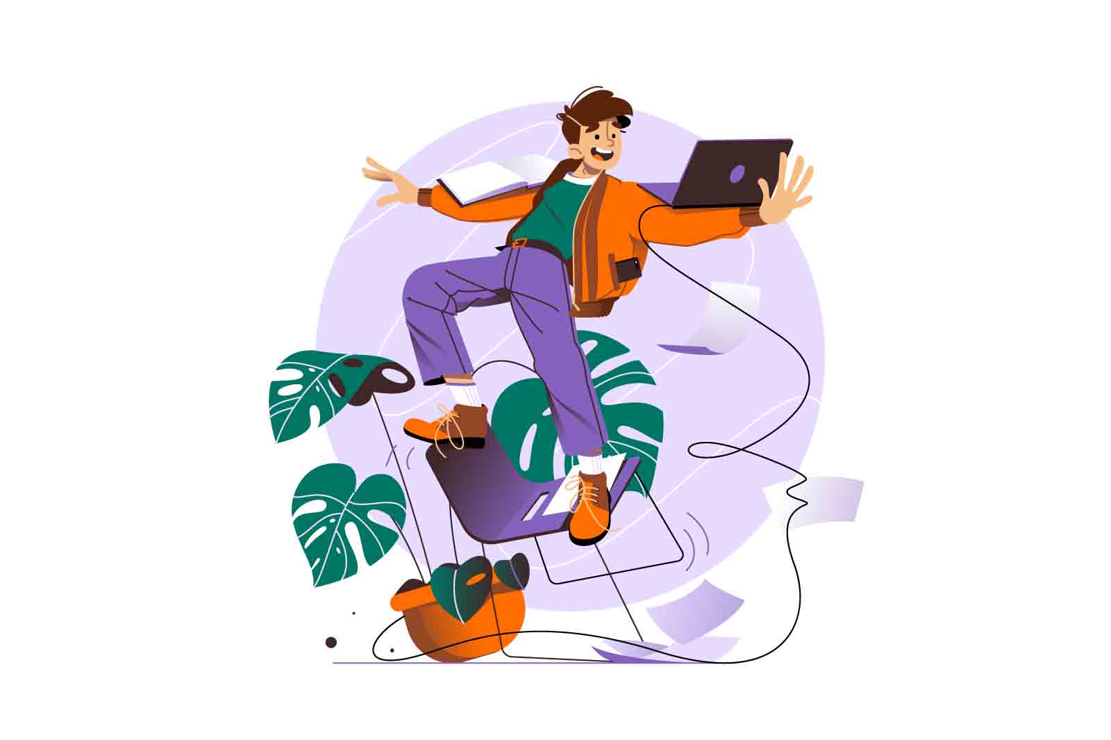Man balancing on chair with laptop vector illustration. Daily time management and work productivity flat style concept