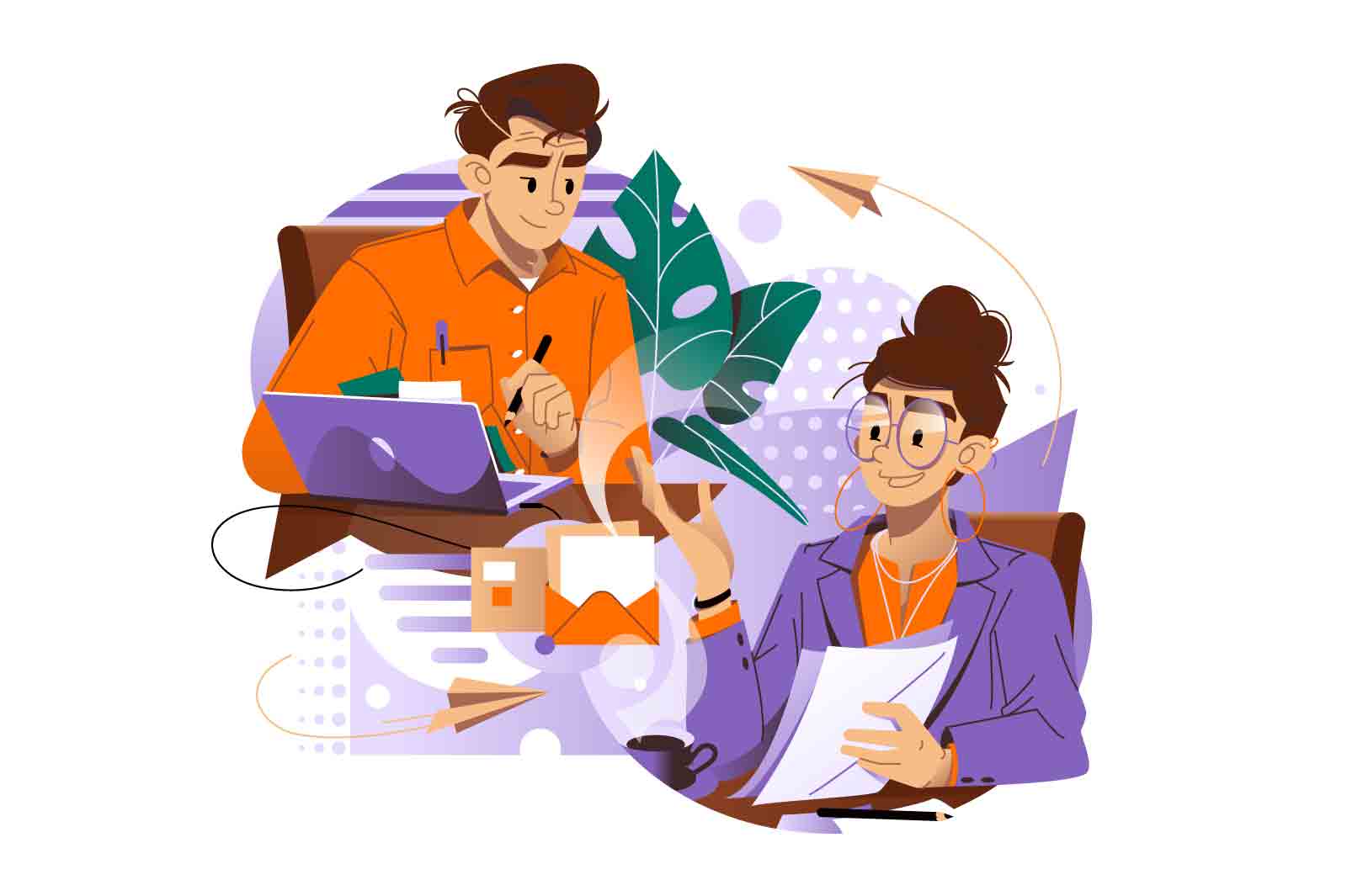 Two colleagues deep in conversation, discussing a project or brainstorming ideas. vector illustration. teamwork concept.