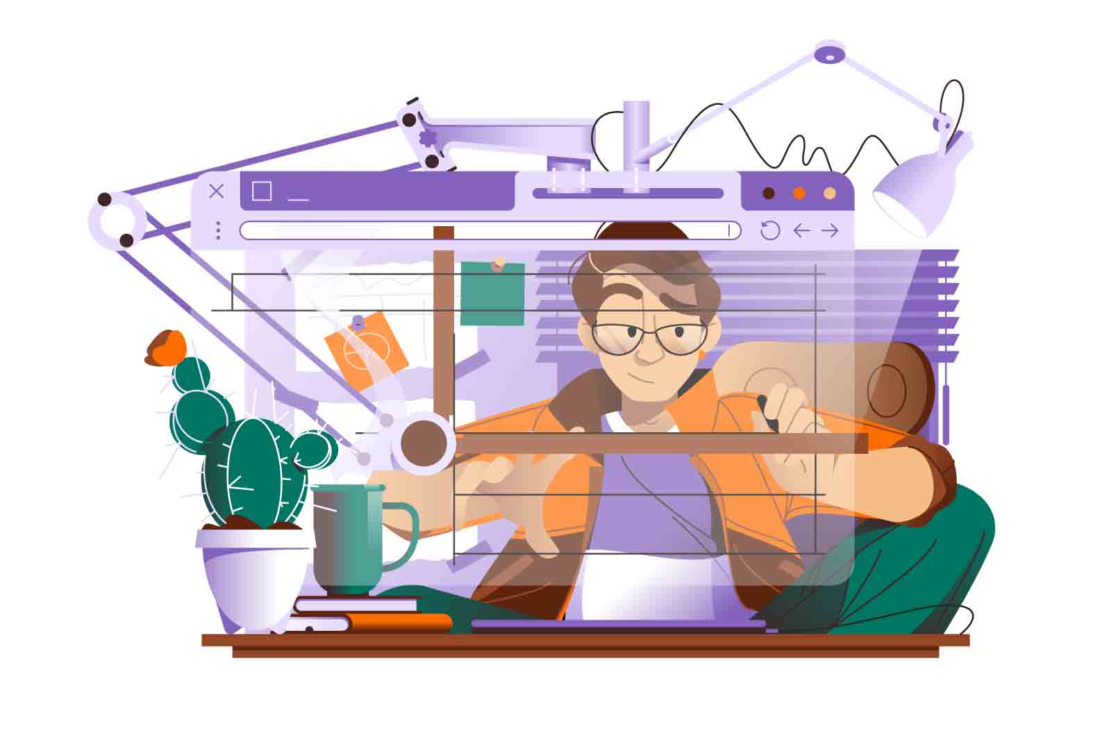 Man working on website or app, ui ux design vector illustration. Engineering and programming flat style concept