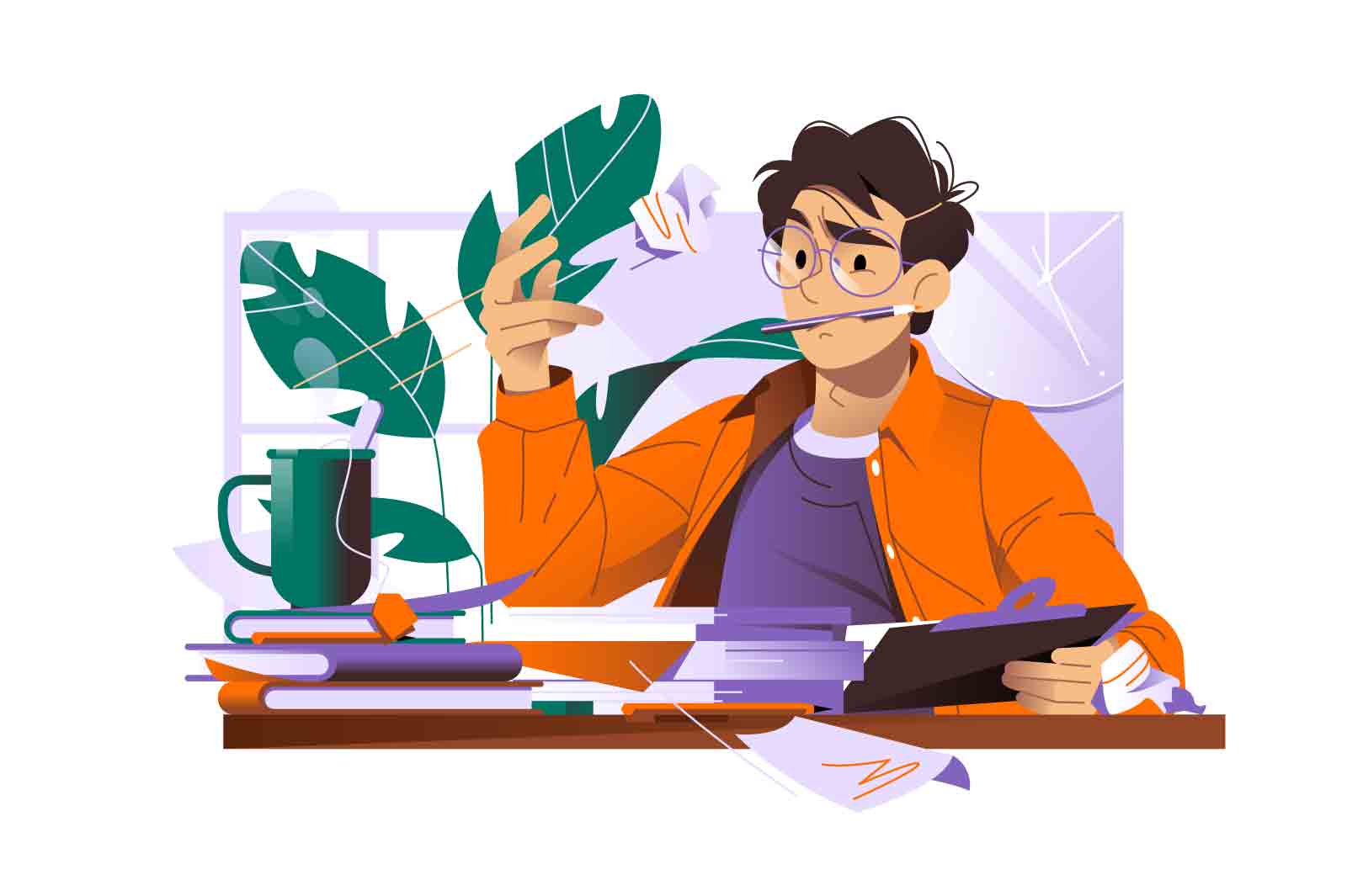 Male author writing article vector illustration. Productive editor. Creative author. Novel writer at desk with books and papers flat style concept