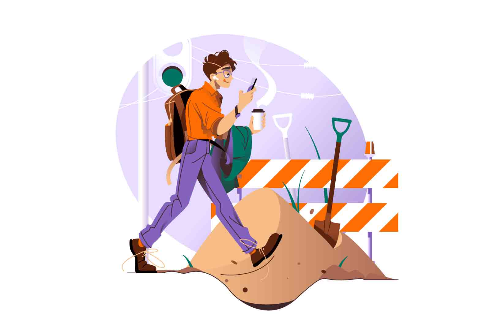 Distracted man walking and texting on cellphone vector illustration. Man about to fall into hole, flat style concept