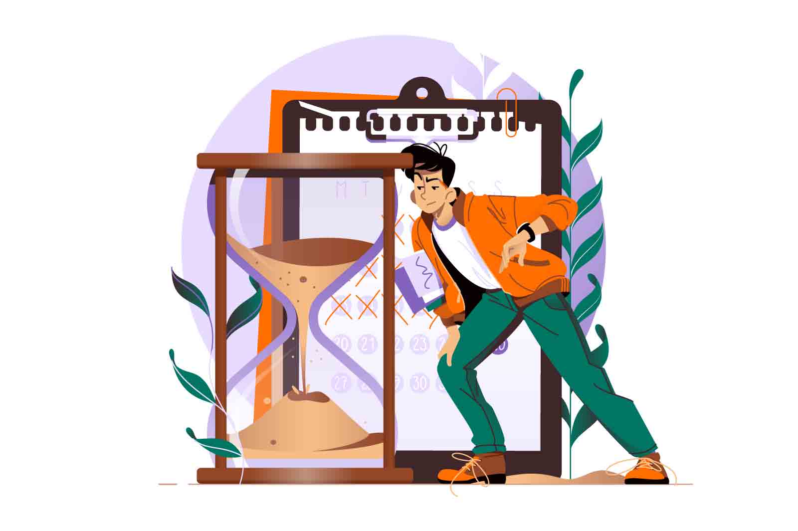 Timetracking, man looking at big hourglass vector illustration. Effective time control, tracking and monitoring, task management or work planning and productivity flat style concept