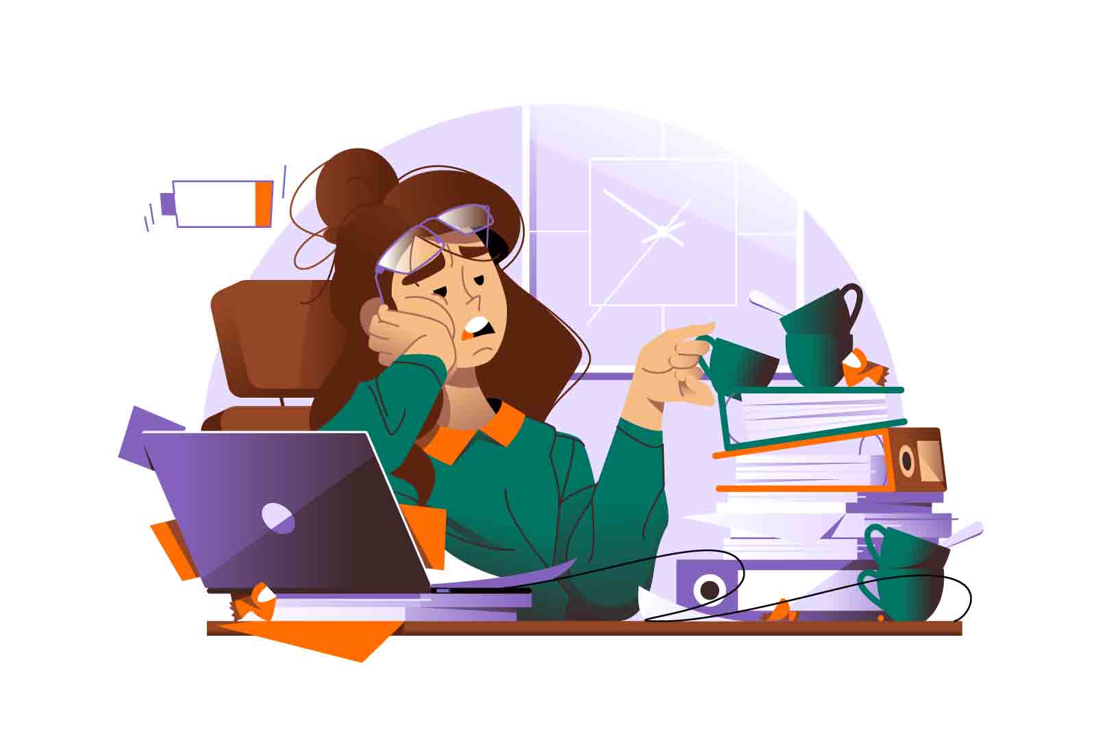 Tired woman sitting at workplace vector illustration. Overworked emale at office. Busy day and fatigue flat style concept