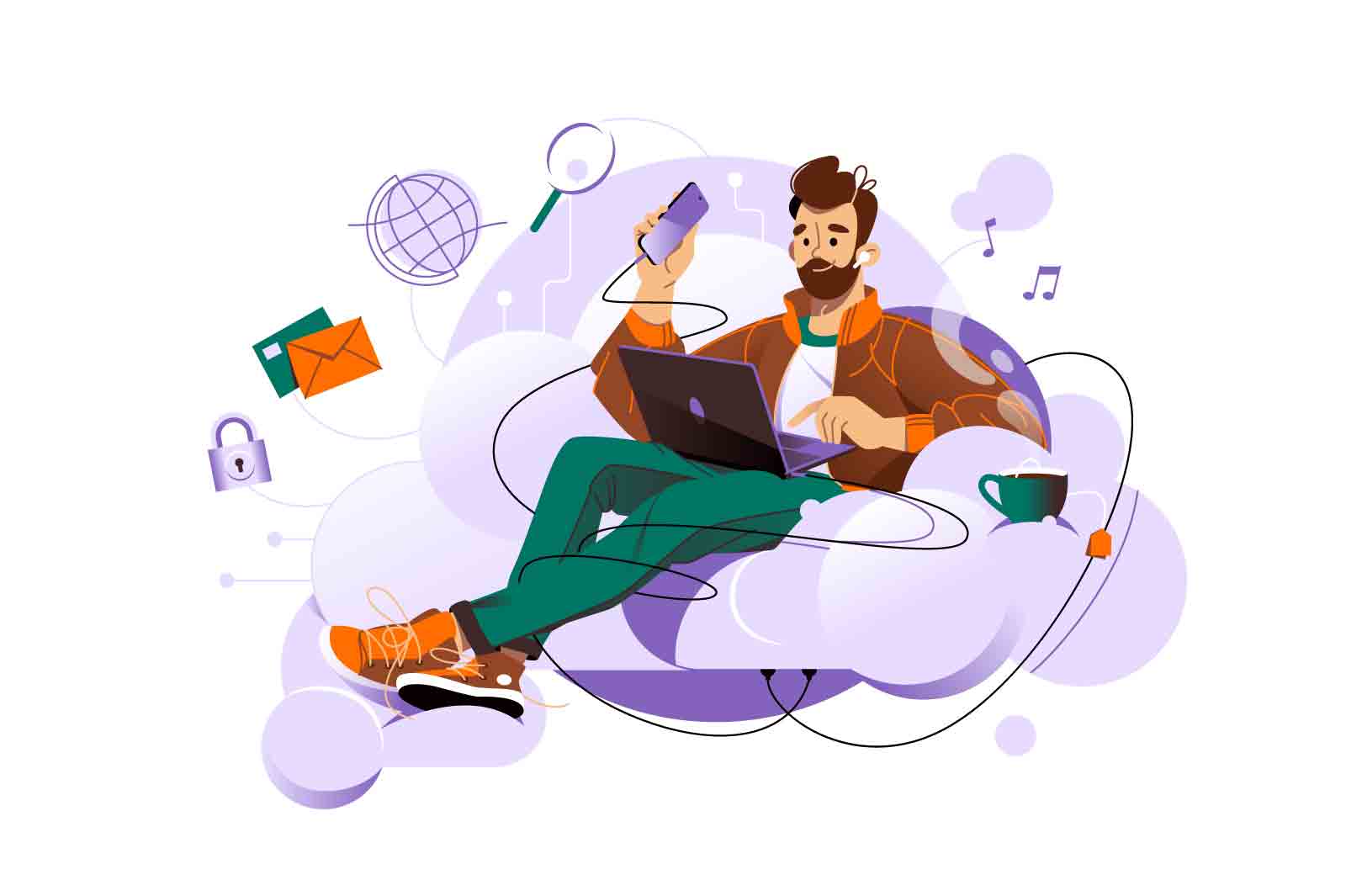 Man sitting on cloud and working on laptop vector illustration. Cloud based architecture for data storage and computing flat concept