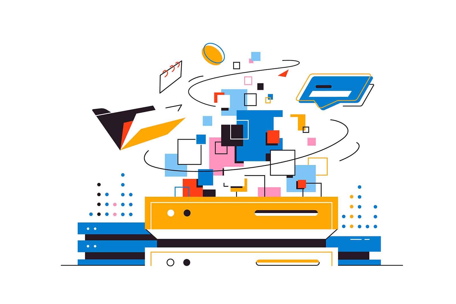 Big data analysis and global seo analytics vector illustration. Datacenter, big data flow processing flat style concept