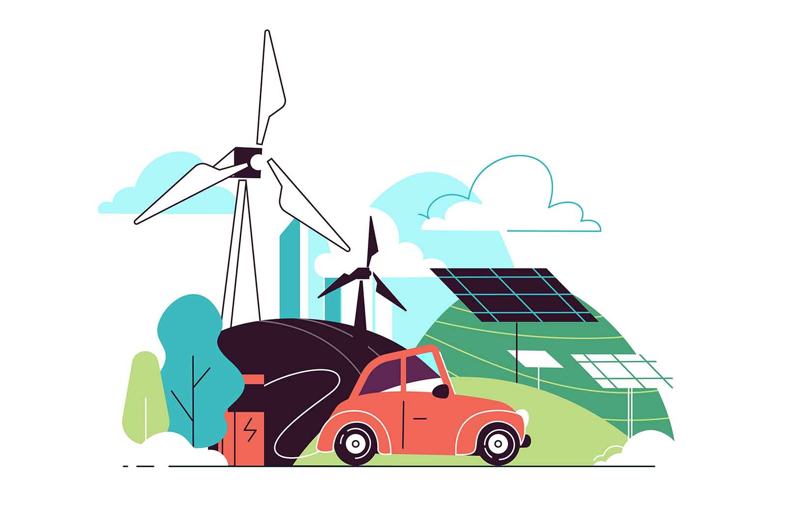 Green energy sources and electric car vector illustration. Solar and wind, hydro, geothermal concept.