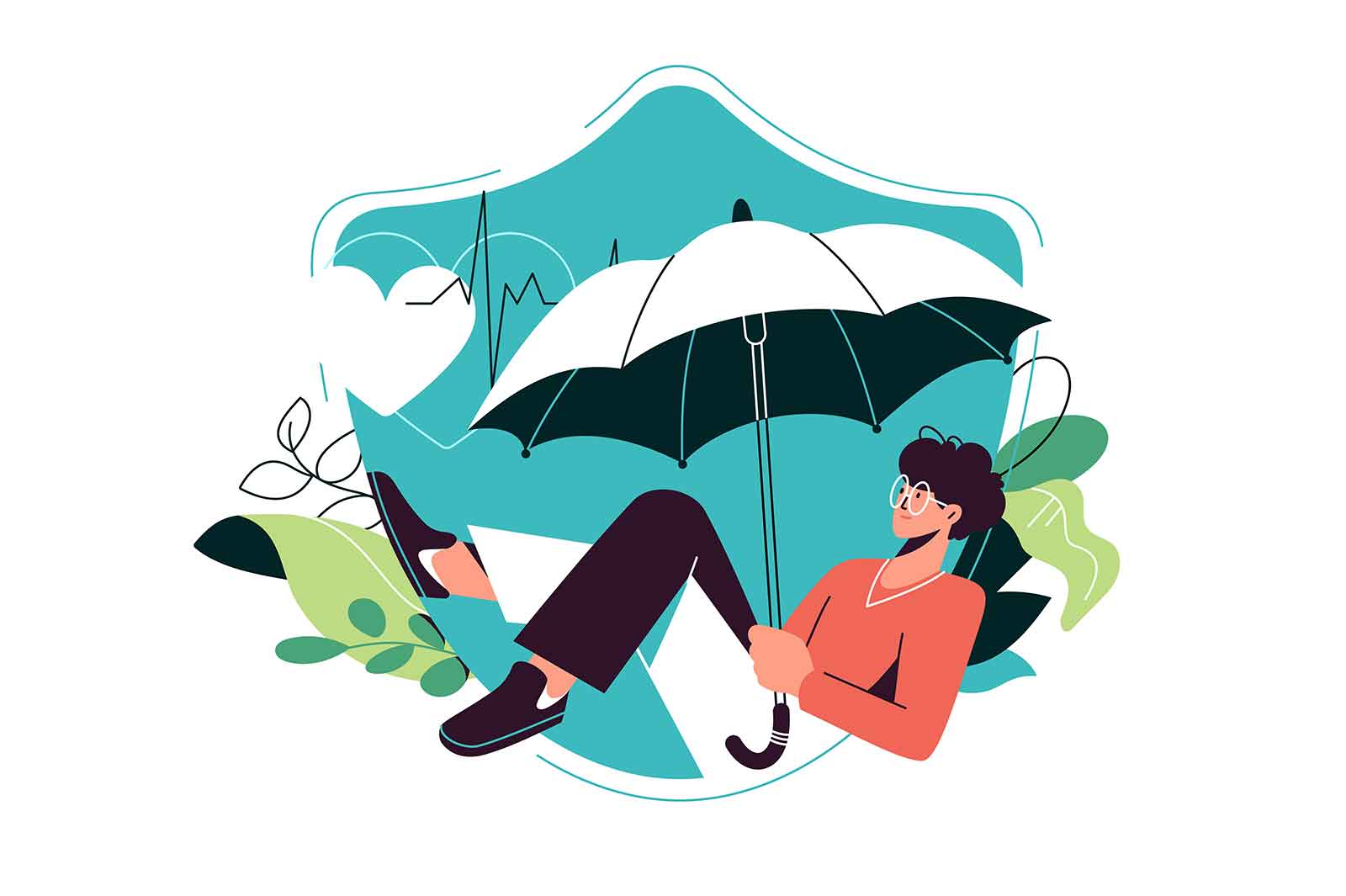 Shield protection with character holding umbrella, insurance concept vector illustration.